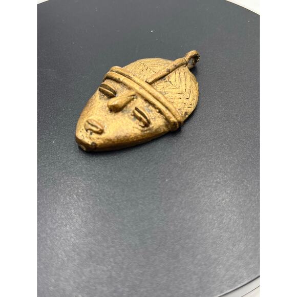 Tribal African Brass Face Mask Molted Wax Primitive Carved Handmade Pendant - Picture 3 of 6